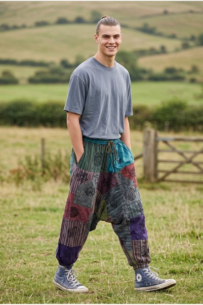 Bohoyasam Unisex Nepal Men's Shalwar Trousers 100% Cotton Patchwork Loose Ethnic Pants with Pockets