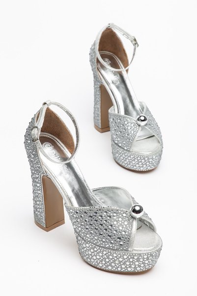 Dilimler Ayakkabı Silver Women's Platform Heeled Stone Evening Dress Shoes with Bocuk Accessories