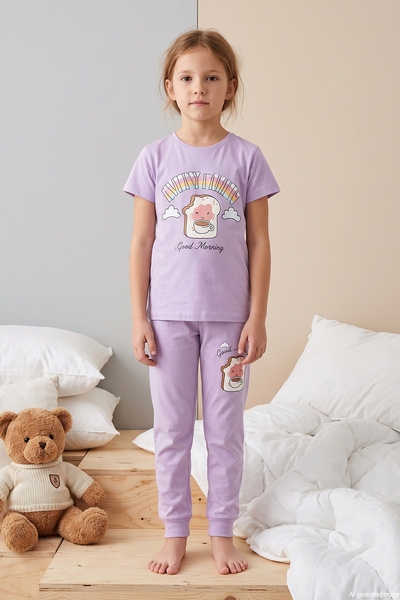 REMSA Girl's Short Sleeve Printed Combed Cotton Pajama Set 2647 Lila01