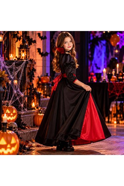 IRO Costum de Halloween Fată Vampir, 10 ani, 121-140 cm, Rochie lungă neagră și roșie cu colier inclus, Poliester, Costum de carnaval pentru copii, Deghizare de vampir pentru petreceri tematice și evenimente școlare