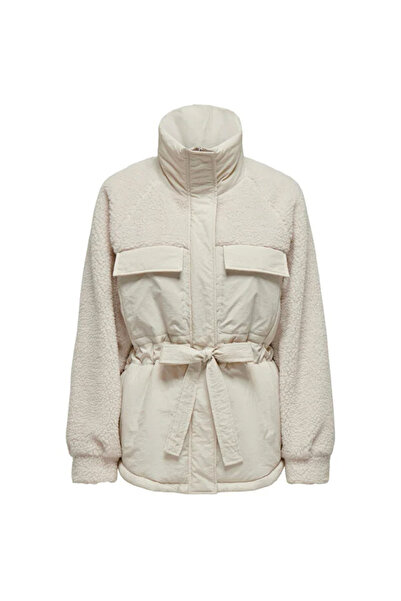 ONLY Women's Plush Coat with Stand Collar, Zipper, Waist Tie, Pockets and Ted...