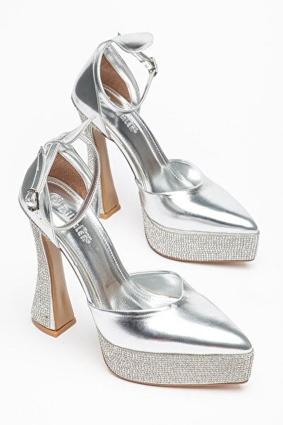Dilimler Ayakkabı Silver Women's Platform Heeled Evening Dress Shoes with Poi...