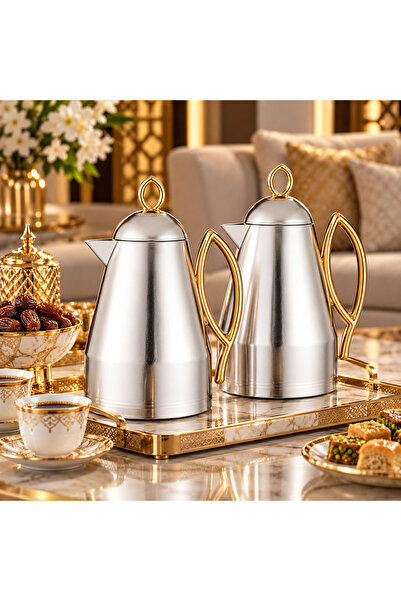 Dania Luxury 2-Piece Thermos Set – Silver with Gold Accents – 1 Liter Capacit...