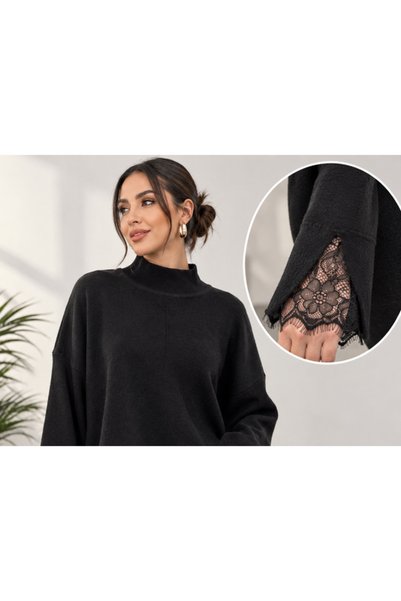 get crazy collection Pulover oversize de damă cu guler înalt și detalii din dantelă