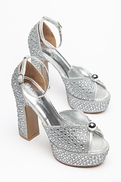 Dilimler Ayakkabı Silver Women's Platform Heeled Stone Evening Dress Shoes wi...
