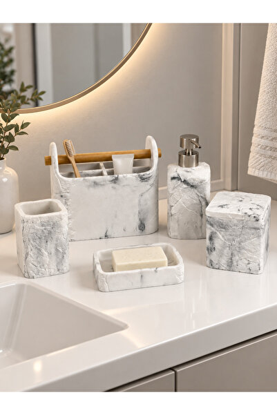Onedekor 5 Parça Lüx Laduree Beyaz Silver Organizer Banyo Seti