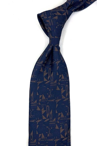 Kravatkolik Navy Blue Brown Motif Pattern Classic Tie with Handkerchief Kk14037