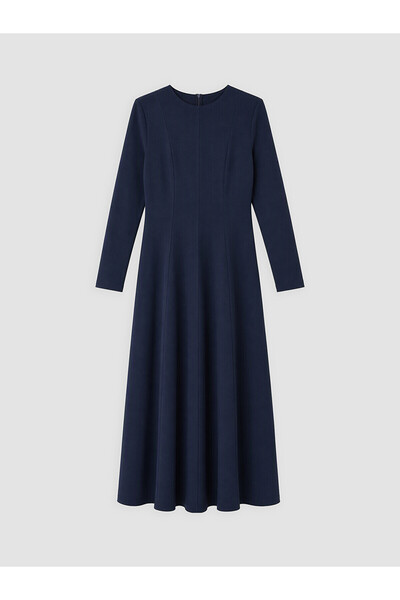 Gencc Kalitesiyle LCW Modest Lacivert Penye Düz Standart & Regular Oval Yaka Uzun Elbise