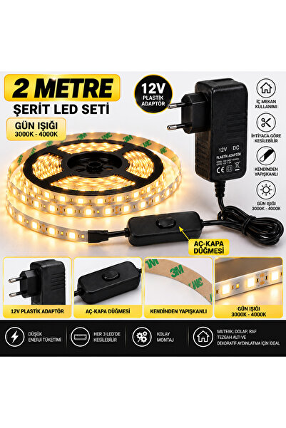 Mutfak Dolap Ayna Aydınlatma 2 Metre Gün Işığı Aç Kapat Düğmeli Şerit LED Seti 12V Adaptörlü Aç Kapa Düğmeli Kendinden Yapışkanlı