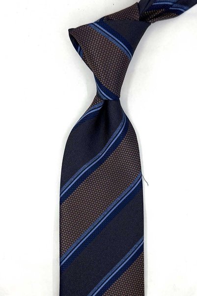 Kravatkolik Coffee Navy Blue Stripe Pattern Classic Tie with Handkerchief Kk1...