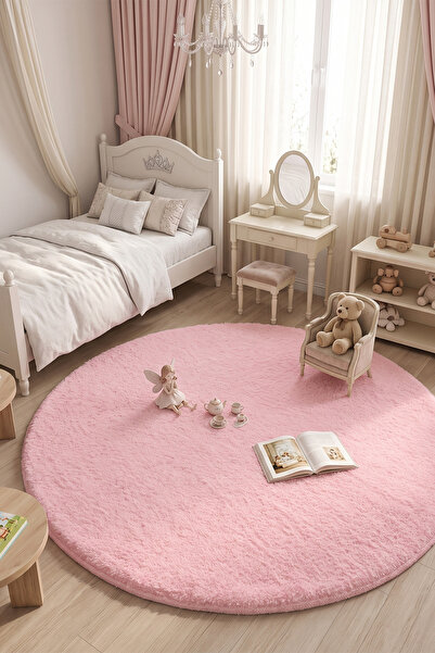 Pembe Post Tavşan Tüyü Peluş Yuvarlak Halı Yolluk Bebek Çocuk Odası Yatak Odası Yumuşak Oyun Halısı