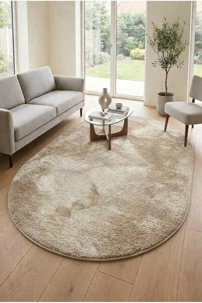 BESELY Oval Bej Kaymaz Tabanlı Halı Peluş Leke Tutmaz Makinede Yıkanabilir Yu...