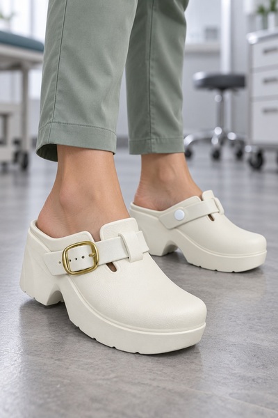 Vojo 045 7 cm High Heeled Chef Hospital Doctor Nurse Women's Slippers Ecru