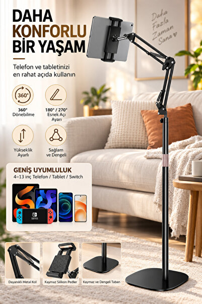 Tablet Telefon Tutucu Stand – Yükseklik Ayarlı Metal Ayaklı Masaüstü iPad Uyumlu Siyah Tutucu