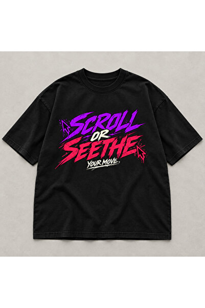 Neon Baskılı Siyah Oversize %100 Pamuk Bisiklet Yaka T-Shirt