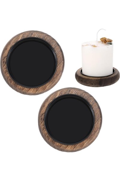 Generic 2PCS Wood Round Candle Plate Holder, Wooden Candle Holders Pillar Can...