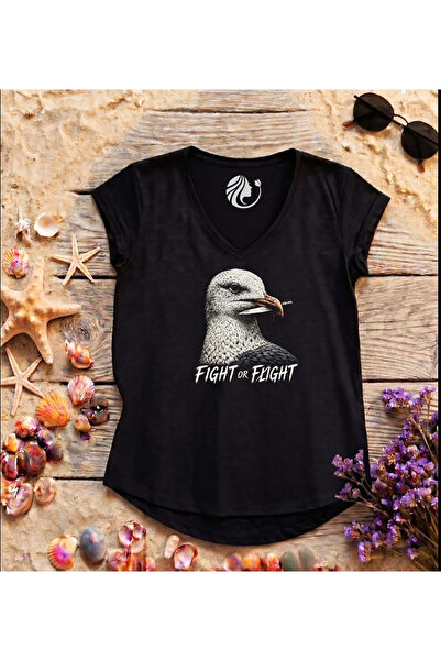 Razor Beak Kadın V Yaka Flamlı Scuba Siyah Tişört