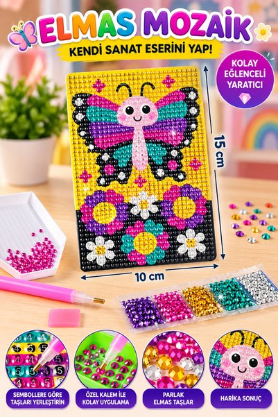 Binbirreyon Elmas Mozaik Boncuk Boyama Seti 10x15cm 2000+ Parça Kelebek (Kale...