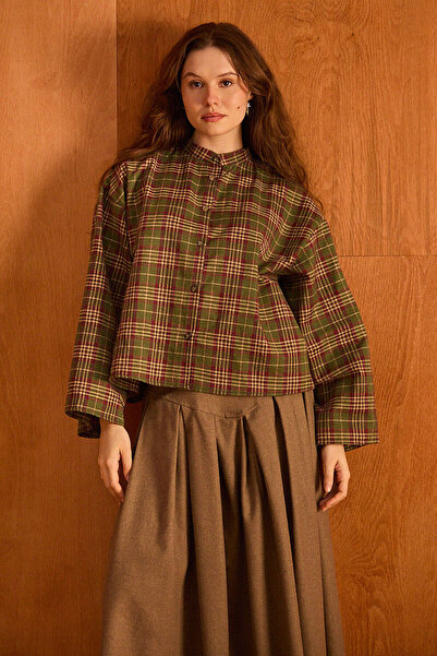 ZÜLAYS Plaid Court Collar Wide Sleeve Shirt Khaki