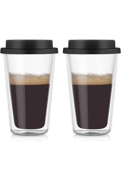 Generic طقم من كوبين زجاجيين مزدوجي الجدار للقهوة مع أغطية سيليكون، سعة 12 أو...