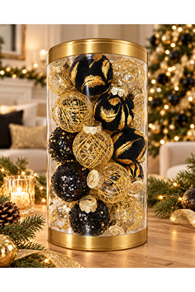 Generic Brand Set of 25 Christmas baubles, 6 cm, black and gilded, assorted d...