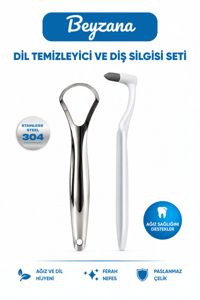BEYZANA Çelik Dil Temizleyici ve Diş Silgisi 2’li Ağız Bakım Seti