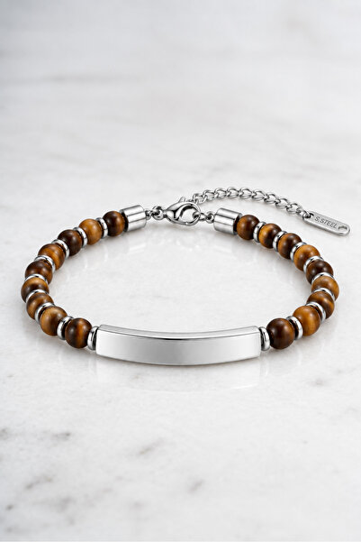 Nereze 6 mm Tiger's Eye Natural Stone Name Engravable Men's Steel Bracelet