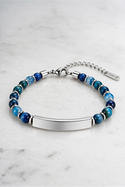 Nereze 6 mm Blue Agate Natural Stone Name Engravable Men's Steel Bracelet