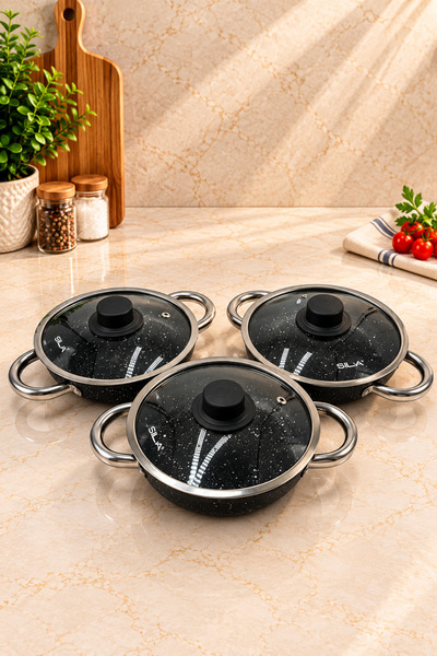 Rivorn Şahane 18 cm Metal Kulplu Cam Kapaklı 3'lü Sahan Seti Ekonomik Set