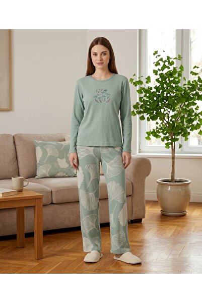 İpek Women's Long Sleeve Crew Neck'Hello' Printed Mabet Tree Leaves Pattern W...
