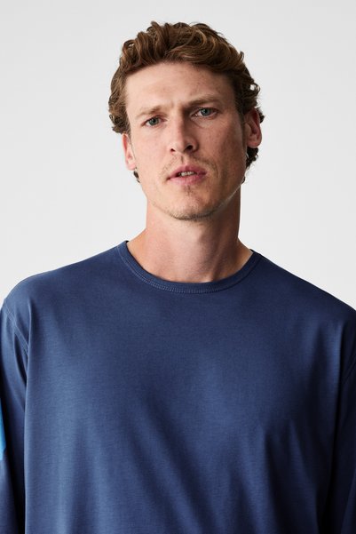 GRIMELANGE GRAVS Tricou pentru bărbați, 100% bumbac, țesătură moale, cu gât rotund, mânecă lungă, albastru închis