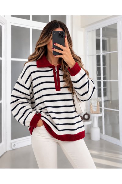 FioriModa Women's Striped Polo Collar Half-Zip Oversize Knitwear Sweater with Detail