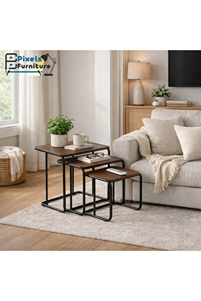 PixelsFurniture طقم طاولات جانبية متداخلة بتصميم مربع مكون من 3 قطع من بكسل ا...