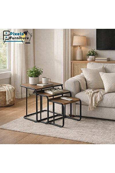PixelsFurniture طقم طاولات جانبية متداخلة بتصميم مربع مكون من 3 قطع من بكسل ا...