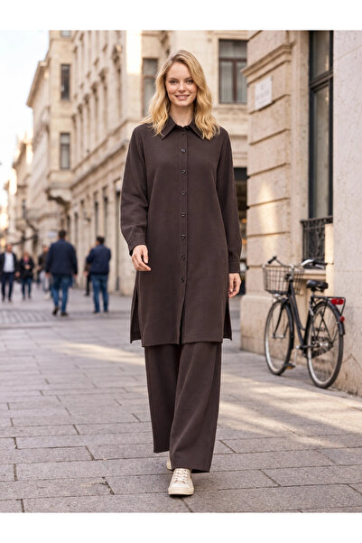 Nuss 1096 Long Tunic Detail Self-Patterned Suit Brown