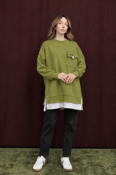 Puane Two-Thread Combed Cotton Fabric Pocket Detail Tunic Olive 10720