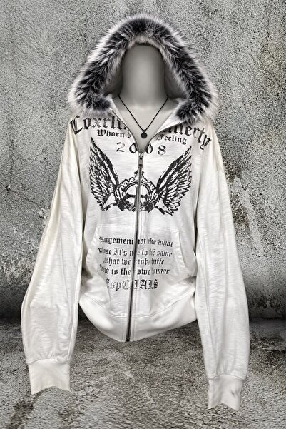 Köstebek Gray Melange Crown Wings Gothic Furry Hooded Y2K Crop Cardigan