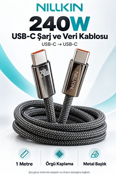 Nillkin 240W Type-C To Type-C Siyah Hasır Örgülü 1 Metre PD 3.1 Akıllı Çipli ...