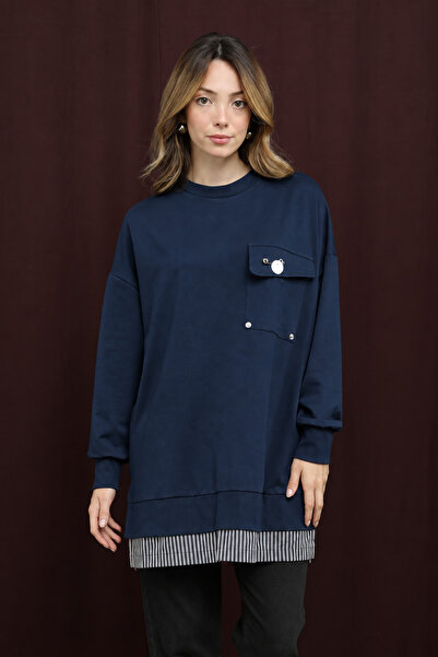 Puane Two-Thread Combed Cotton Fabric Pocket Detail Tunic Dark Blue 10720