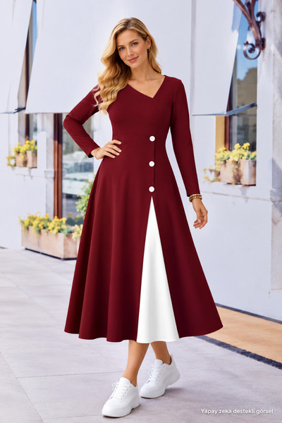 JANES Women's Long Sleeve Asymmetrical Collar Button Detailed Midi Viscose Dr...