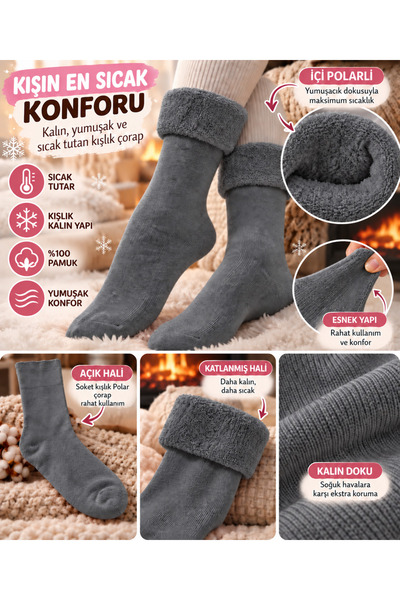 Bilal Çınar Tekstil 100% Cotton Winter Towel Socks Women's Thick Folded Fleece-Lined Cold-Proof Socks Stylish Looking Women's Boot Socks Set of 2
