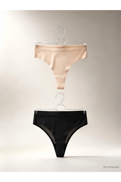 Lazer Kesim Ten Rengi Tanga Külot ve Tül Detaylı Siyah Bikini Slip Külot