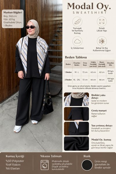 JESSE STORY Women's Modal Vote. Sweatshirt 72 Cm, Cuff Detailed Wide Relaxed Fit Crew Neck Casual Sweat Blouse Code: Jsw26Oks