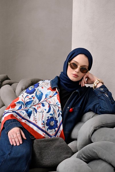 Mimelif Red Navy Blue Floral Patterned Twill Scarf 70X70 cm