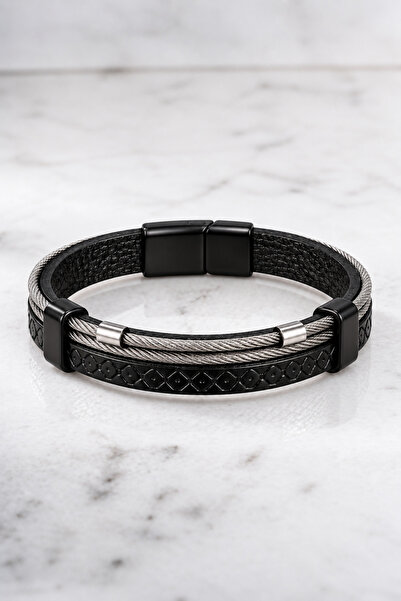Nereze Chrome Plated 2 Row Steel Black Leather Men's Steel Bracelet