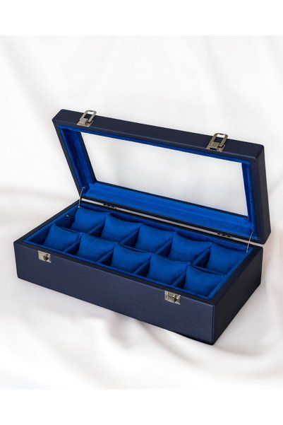 Shansora Design 10-Piece Premium Watch Box, Navy Blue Faux Leather Covered, Handmade Accessory Organizer