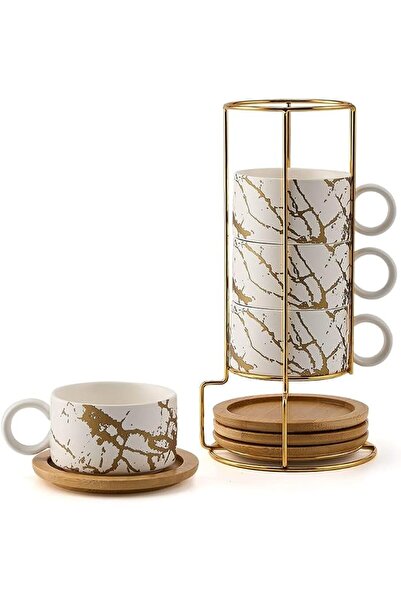 EXCEFORE 6oz Porcelain Espresso Cups with Metal Stand, 180ml Stackable Cerami...