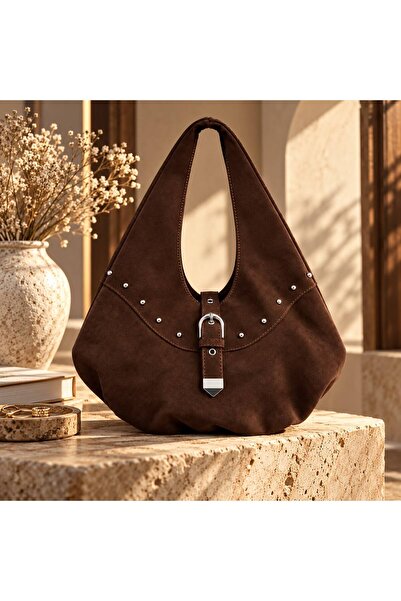 Acı Kahve Süet Kadın Metal Zımba Detaylı Kilit Aksesuarlı Büyük Boy Hobo Omuz Çantası