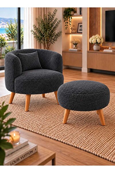 DEKOZUM MARBELLA Teddy Kumaş Berjer – Puf Hediyeli, Ahşap Ayaklı Dekoratif Te...