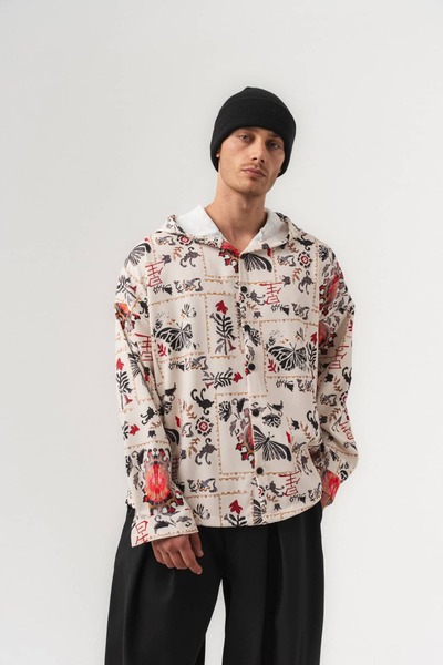 go gang own Butterfly Patterned Hooded Oversize Men's Shirt
